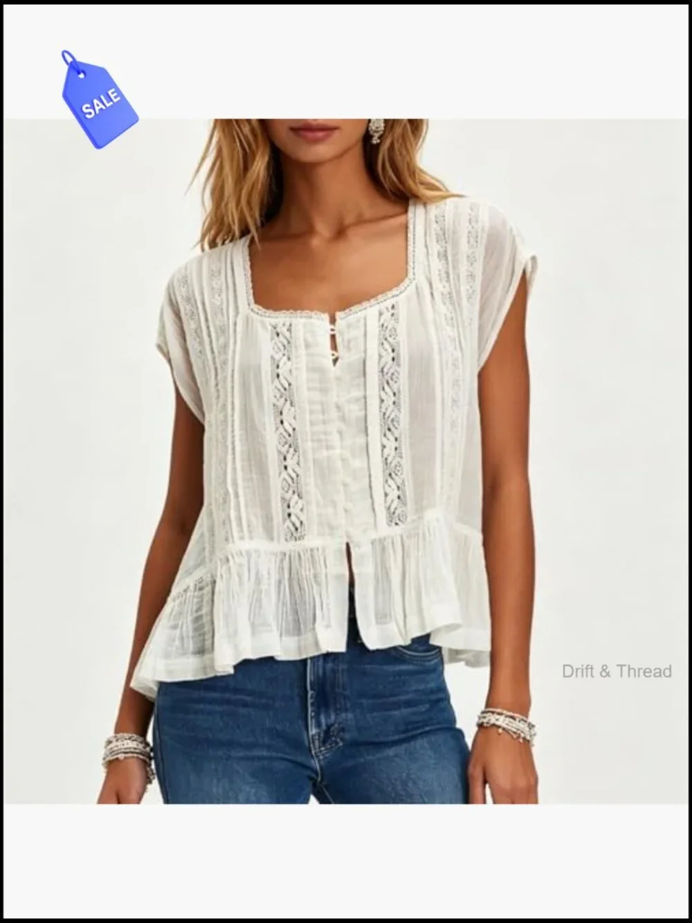 Semi Sheer Button Down Blouse Square Neck Lace Ruffle Cap Sleeve Crop Top - Picture 3 of 6